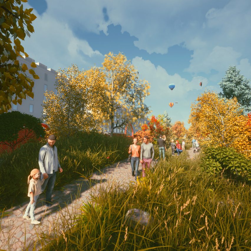 Visitors in London park with grass and trees