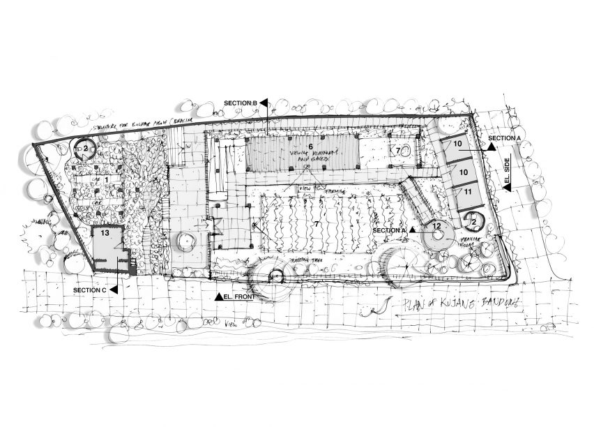 Ground floor plan of bamboo home and community spaces in Indonesia by RAW Architecture