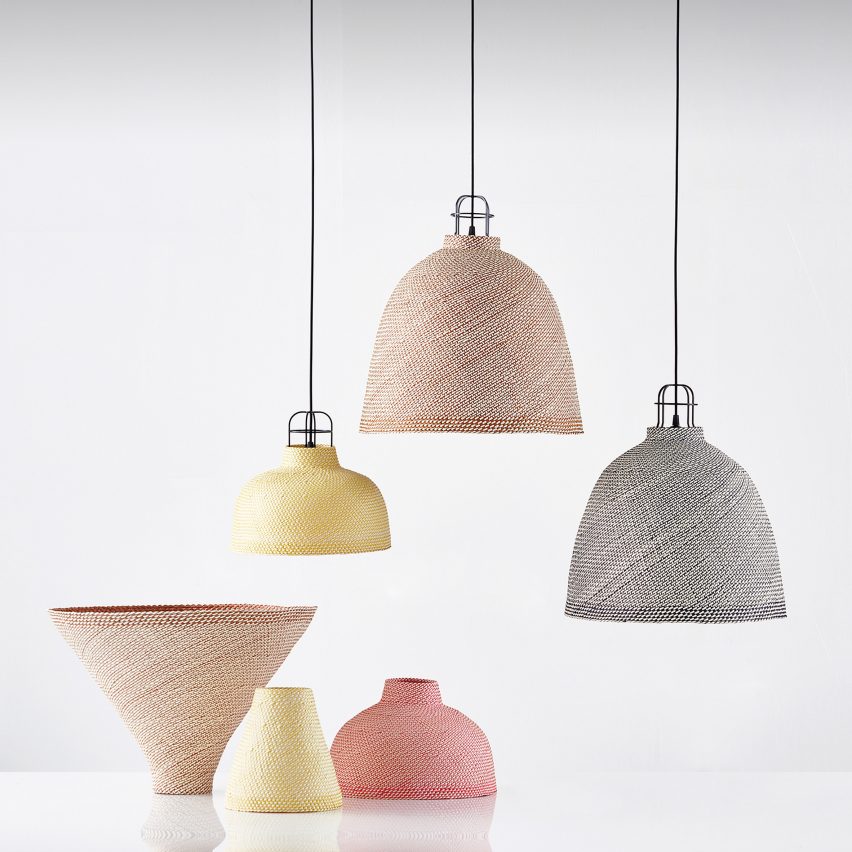 Photograph of grey, green and pink pendant lamps