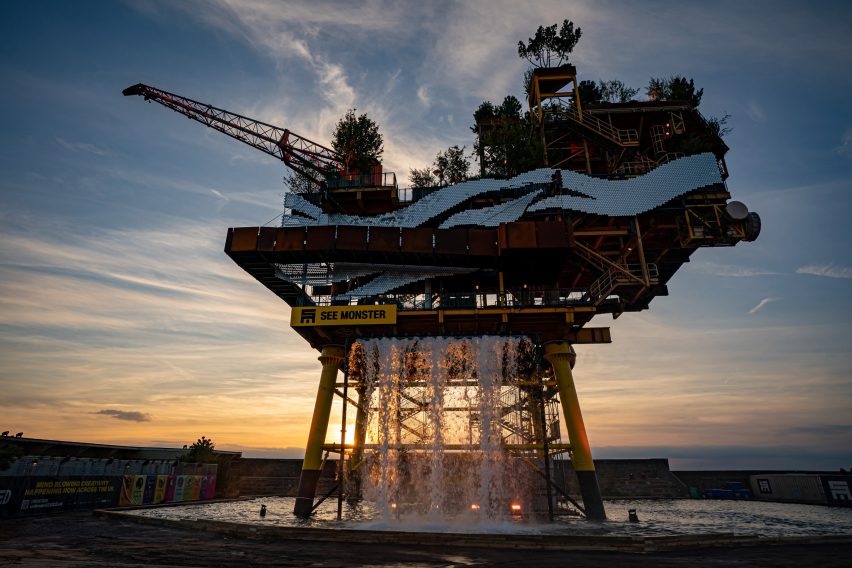 An old gas platform with a waterfall
