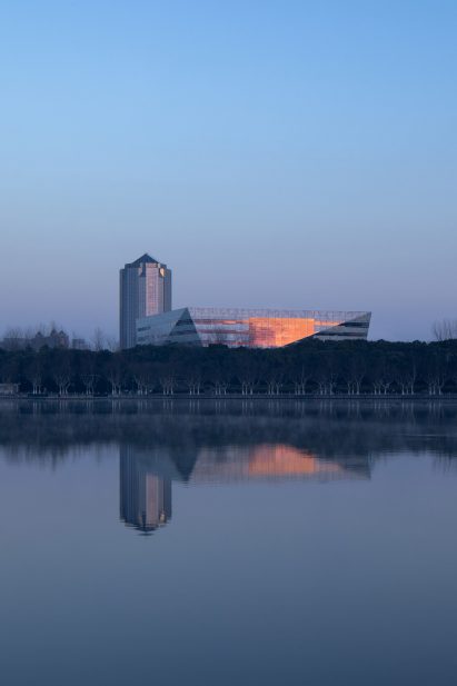 Large library with a glass facade