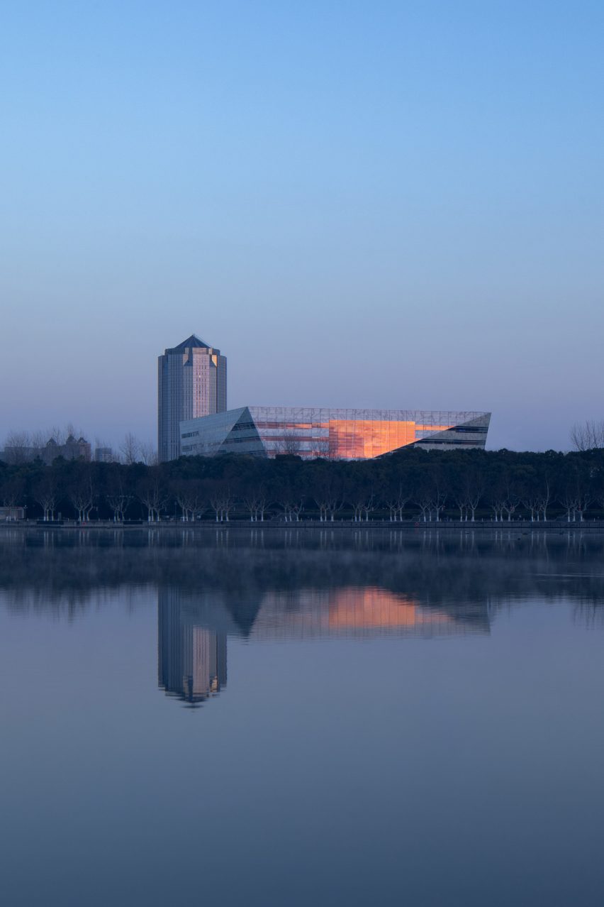 Large library with a glass facade