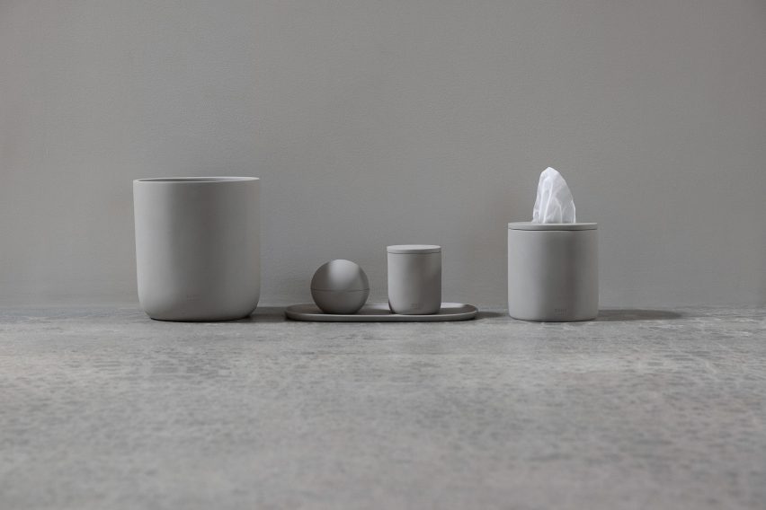 Grey bathroom storage items by Kim Kardashian