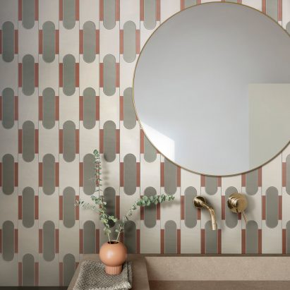 Photograph showing sink area with geometric print tiles