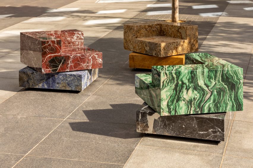 Colourful stone chairs that swivel