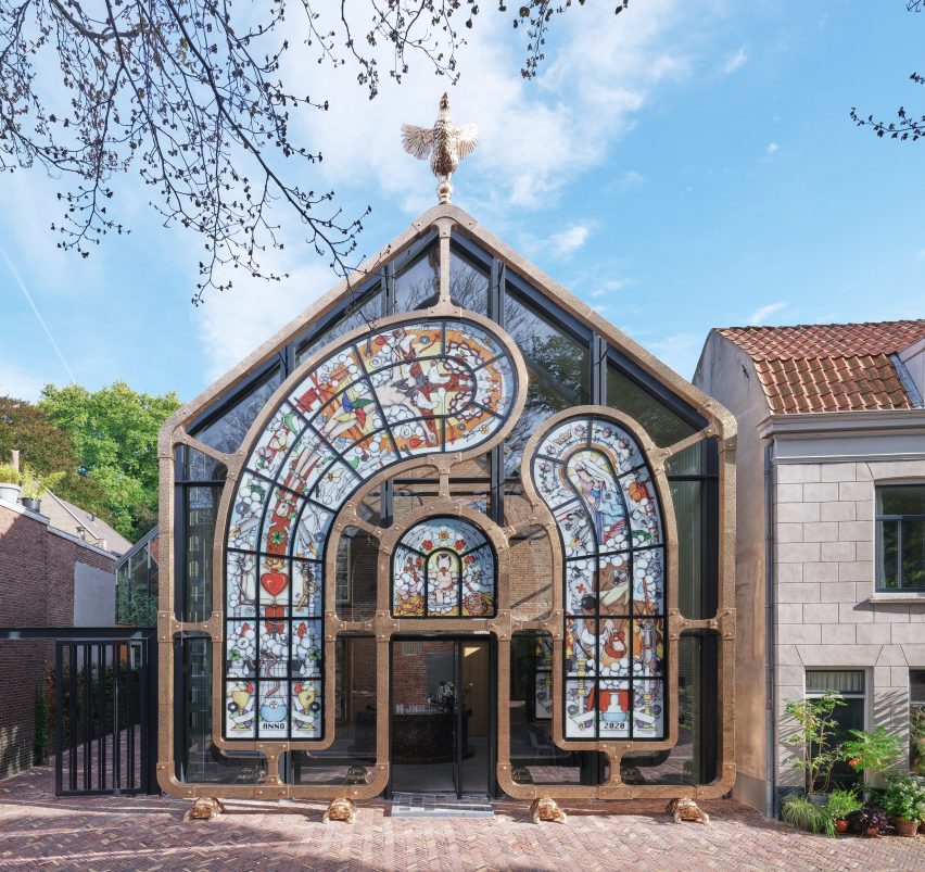 Bronze frame with stained-glass windows