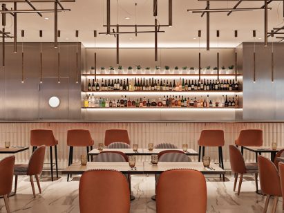 Restaurant with rust-coloured chairs