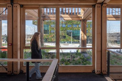 Interior image of The Natural Pavilion and its views out to its gardens