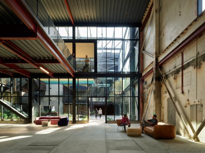 Walkway with industrial detail in remodeled LA times facility