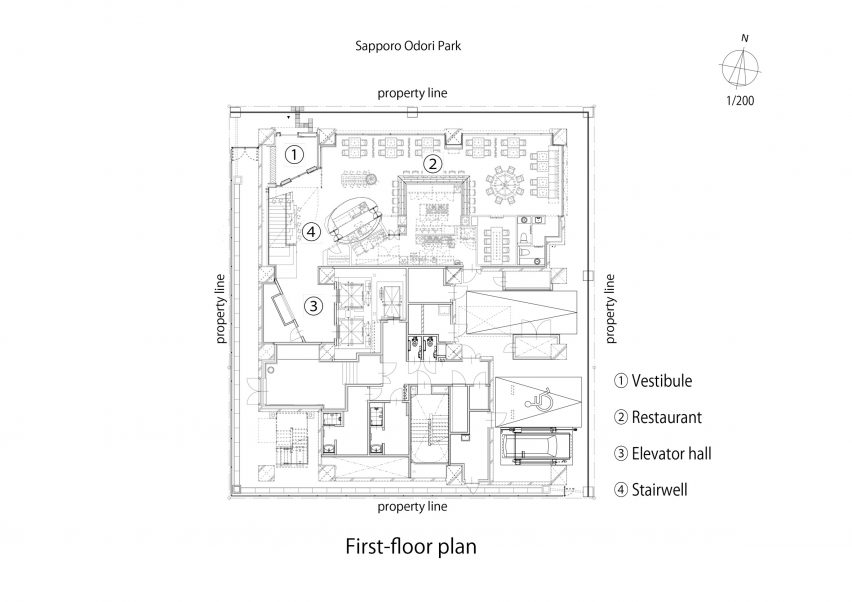 First floor plan of the Royal Park Canvas hotel in Sapporo, Japan, by Mitsubishi Jisho Design