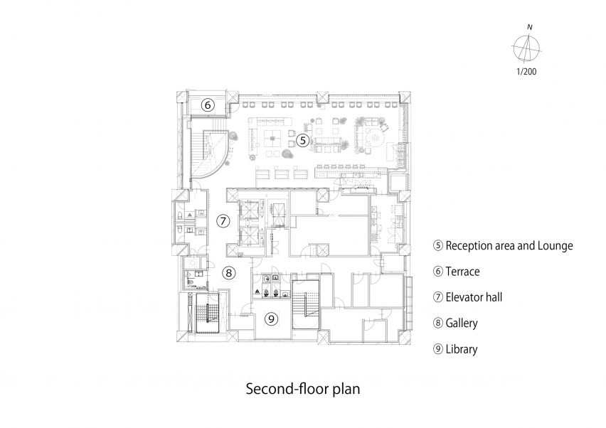 Second floor plan of the Royal Park Canvas hotel in Sapporo, Japan, by Mitsubishi Jisho Design