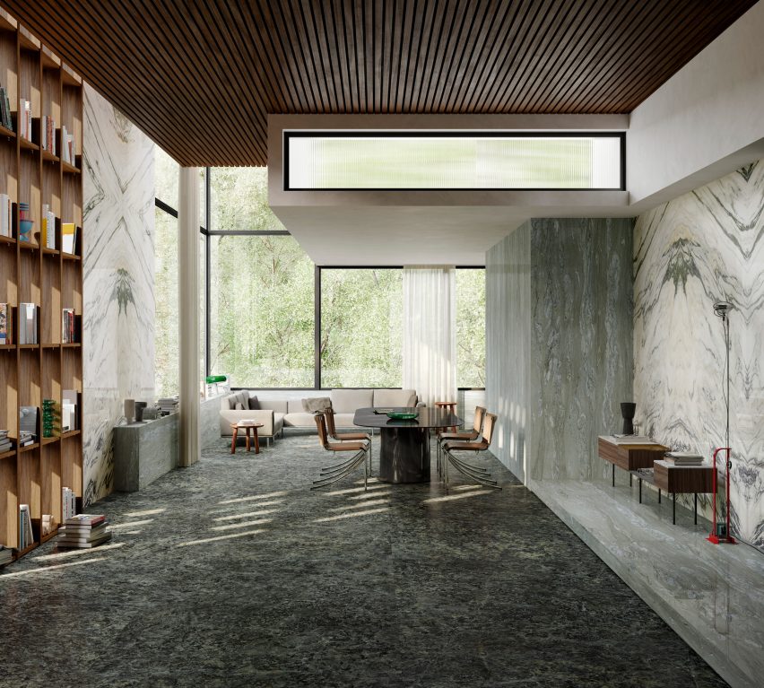 Photograph showing contemporary living space with marble walls and floor