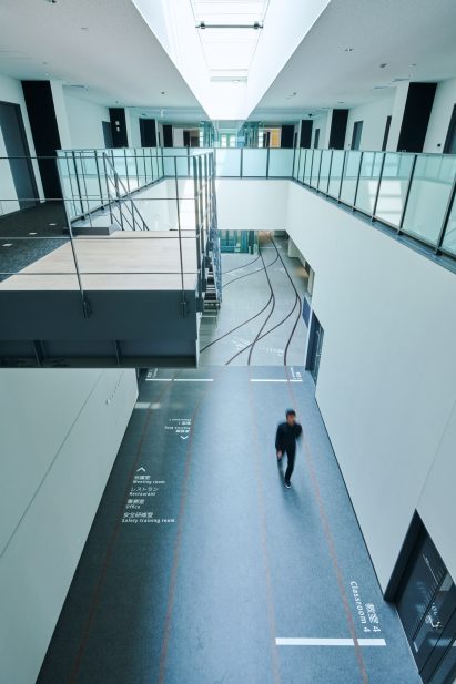 Corridor with vinyl flooring showing railway style floormarkings