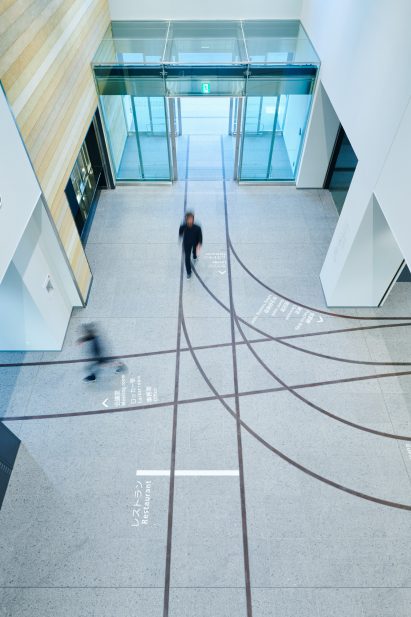 View of Totetsu Training Institute railway-style floor markings viewed from the second floor looking down