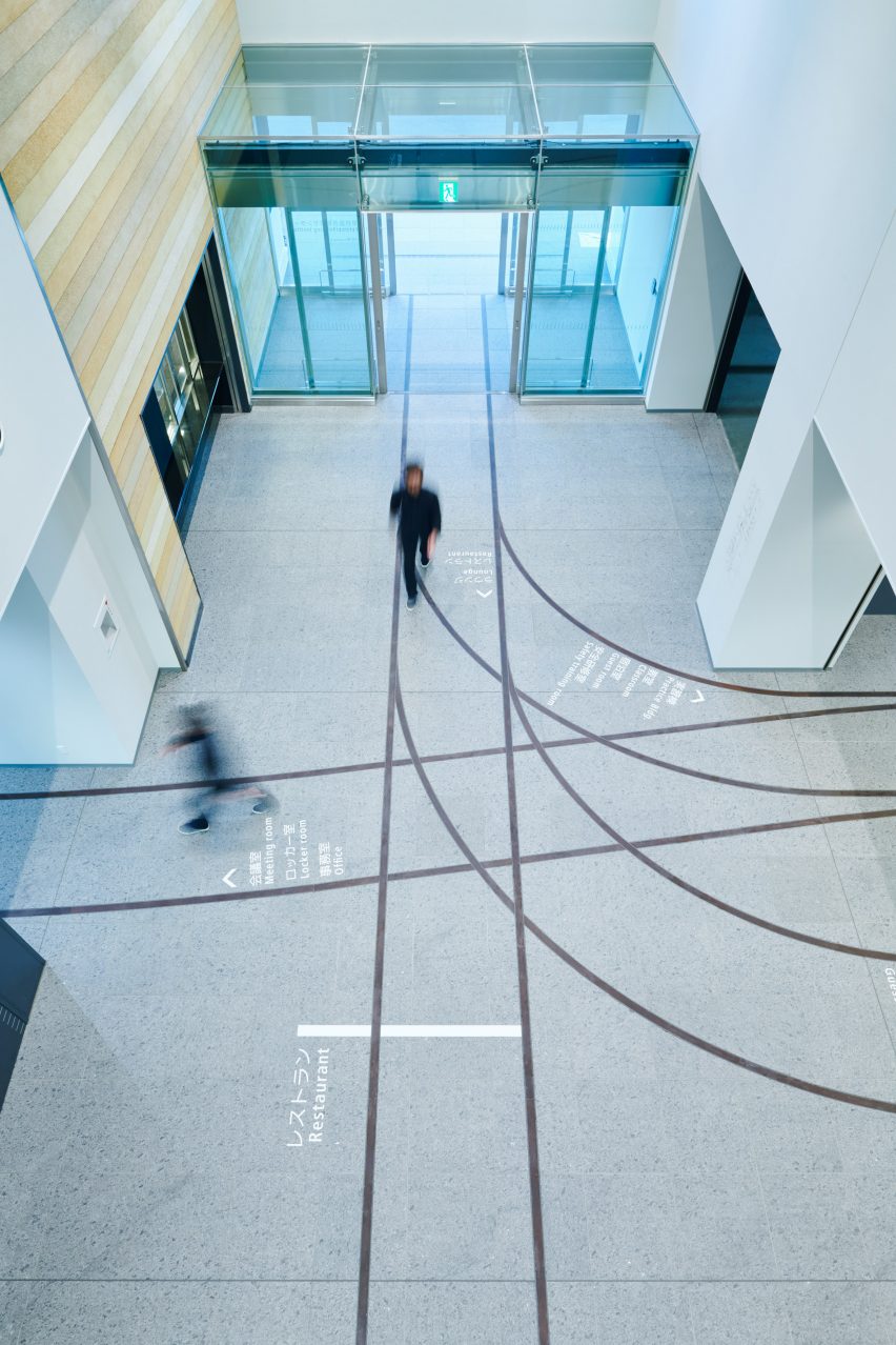 View of Totetsu Training Institute railway-style floor markings viewed from the second floor looking down
