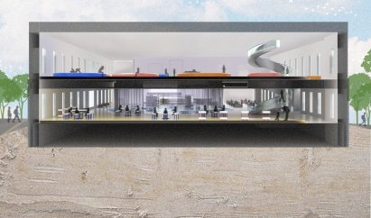 Section drawing of a two storey public building by a student at the University of the Arts London