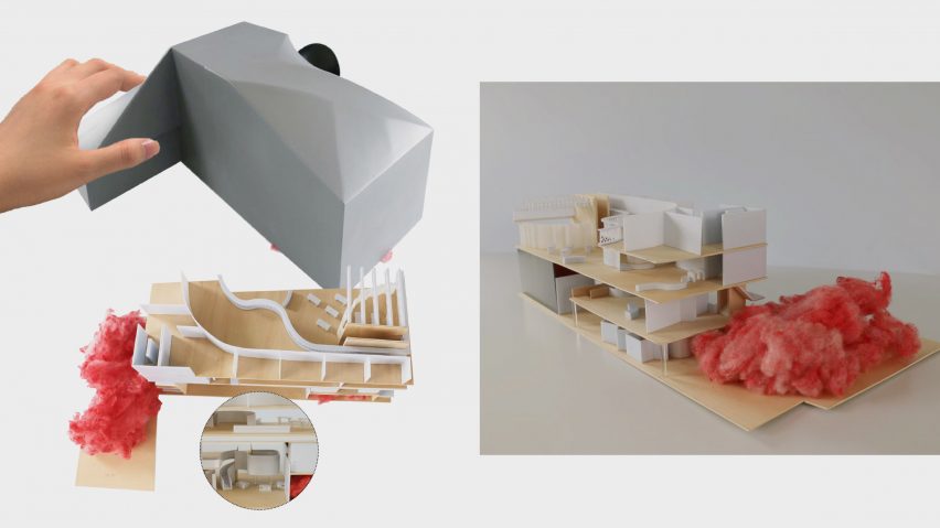Collage of photos of a hand made architectural model