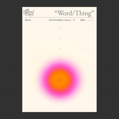Cream poster with a bright pink and orange gradient circle on a black background