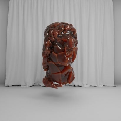 Dark red plastic object hanging in a white gallery space