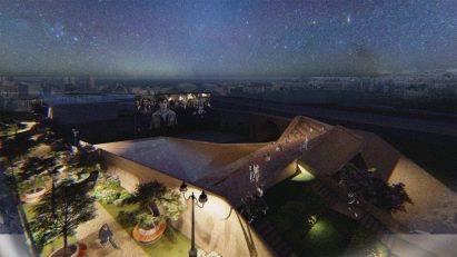 Render of an outdoor open cinema at night by a student at University of the Arts London