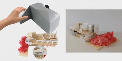 Collage of photos of a hand made architectural model