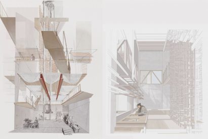 Two side-by-side perspective drawings in muted tones of an industrial interior with large beams