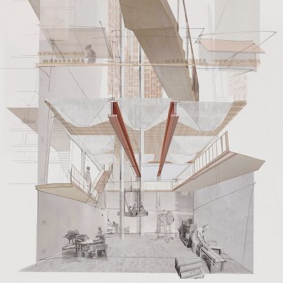 Collage and sketch perspective drawing of an interior space with large I beams overhead