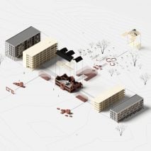 Exploded architectural model on a grey background