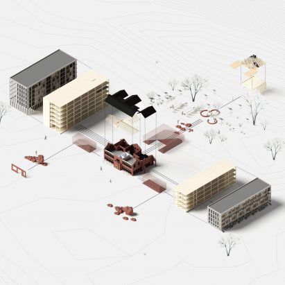 Exploded architectural model on a grey background