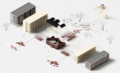 Exploded architectural model on a grey background