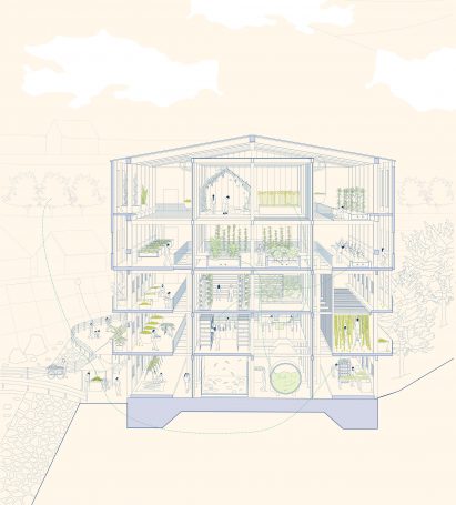 Section drawing in blue of a multi-storey building on a cream background