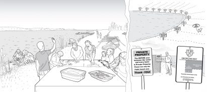 Black and white illustration drawings of people at a waterside