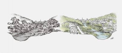 Hand drawing of two towns located along a river valley, one in black pen and the other in colour