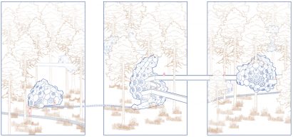 Three line drawings of a sculptural faceted structure in a wooded area