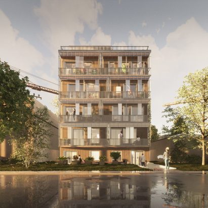 Architectural render of a multi-storey building on a riverside