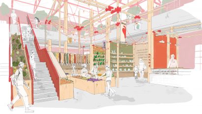 Hand drawn image of a market interior in pink hues