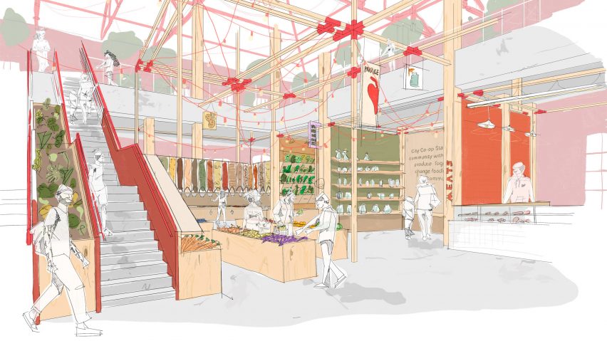 Hand drawn image of a market interior in pink hues