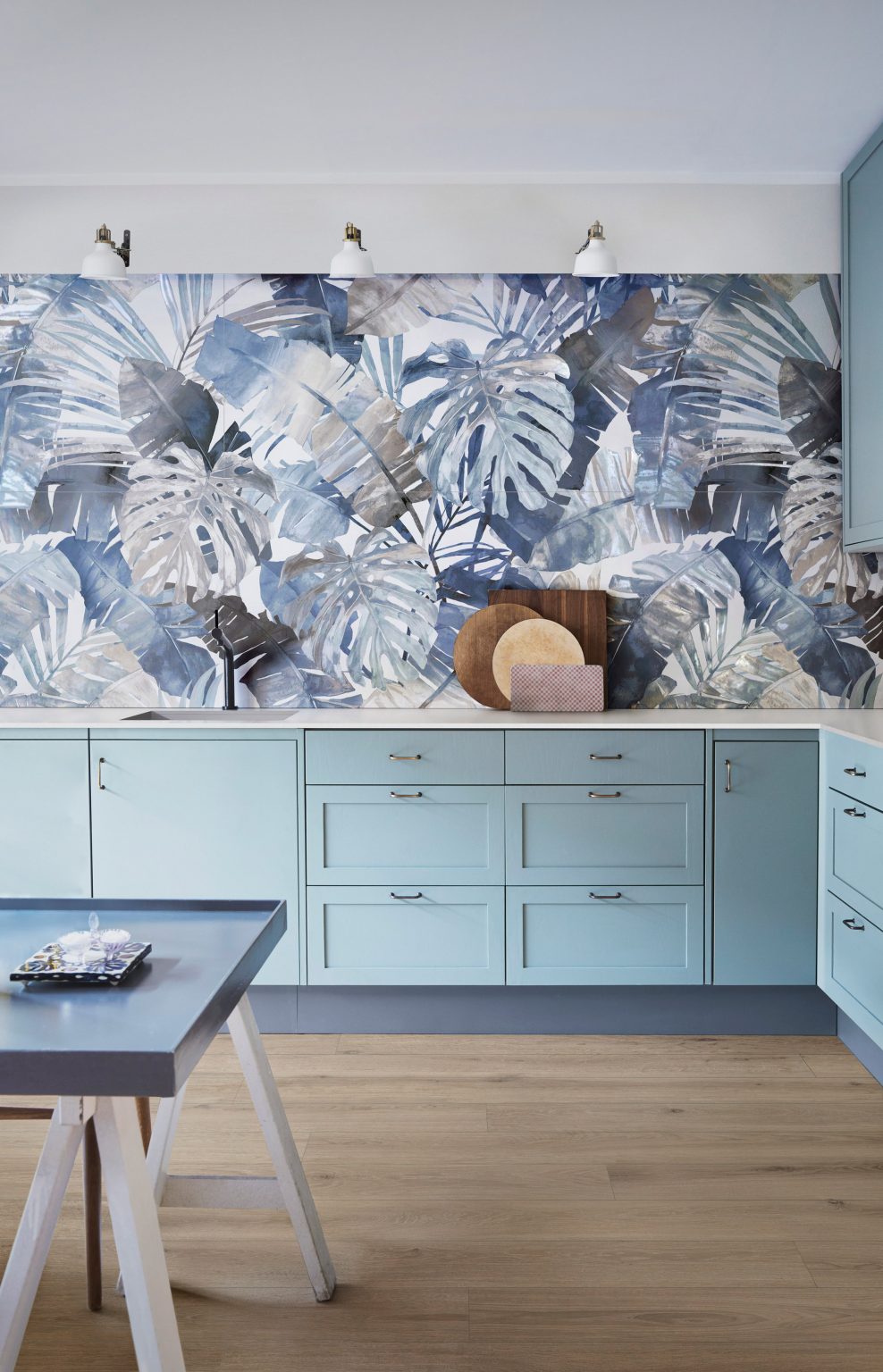 Blue palm leaf White Deco wall tiles in a blue kitchen by Marazzi