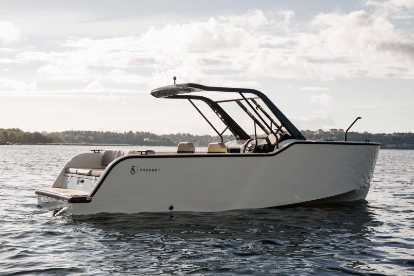 X Shore 1 electric boat with cantilevered roof