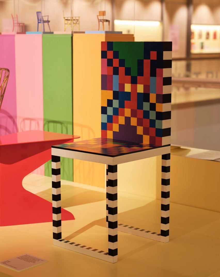 Yinka Ilori's colourful and graphic chair on display