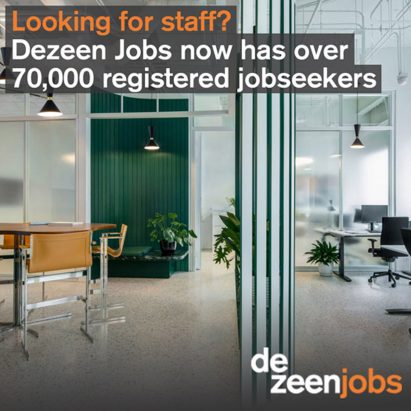 Dezeen Jobs logo in front of an office background