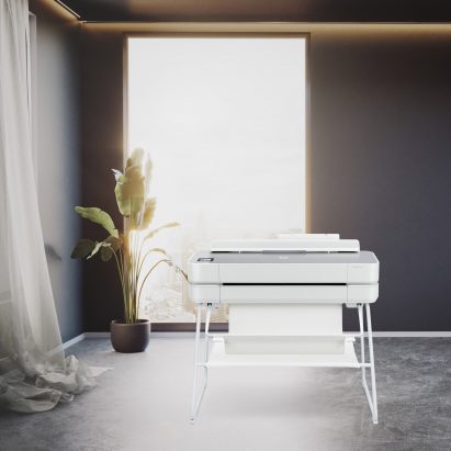 A photograph of the HP’s white plotter