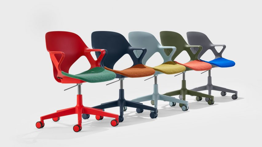 A photograph of the colourful Herman Miller chairs in a row