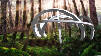 Render of a butterfly house in a wooded area