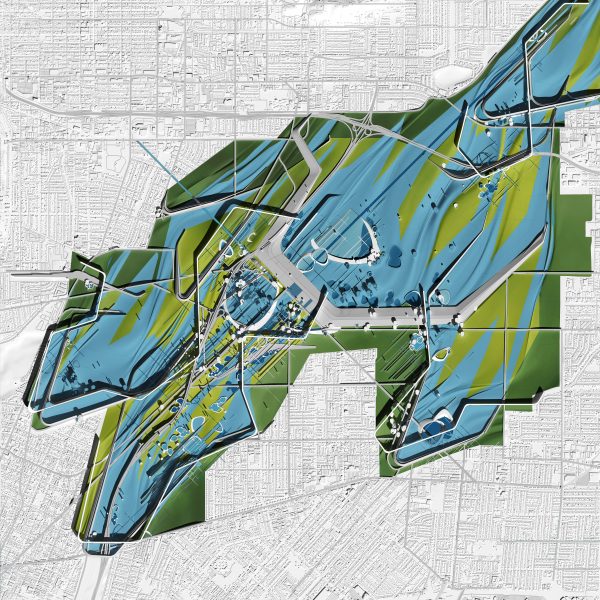 Colourful blue and green design intervention overlayed onto a black and white city map by SCI-Arc student