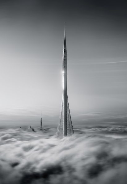 Black and white photograph of Dubai Creek Tower by Binyan Studios