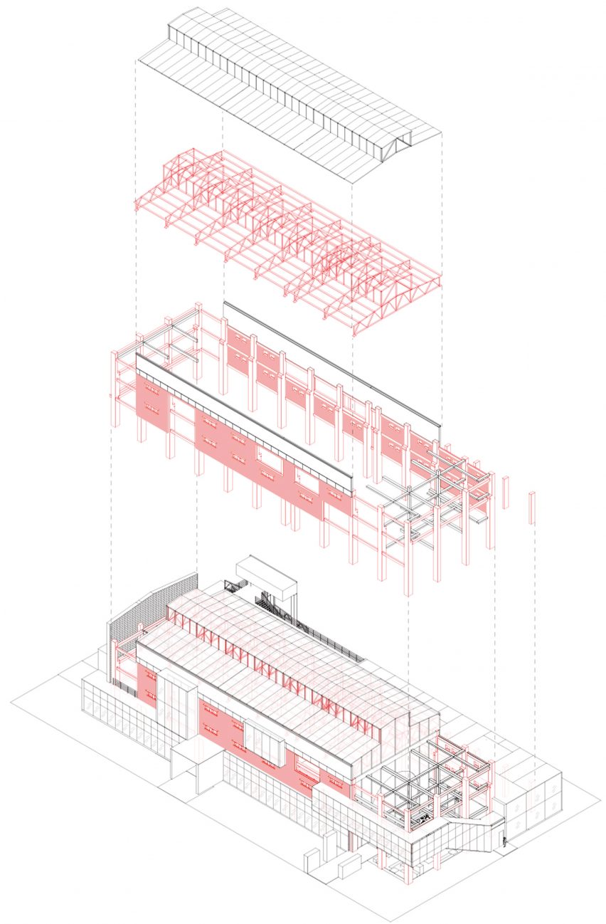 Exploded axonometric drawing of Shajing Village Hall