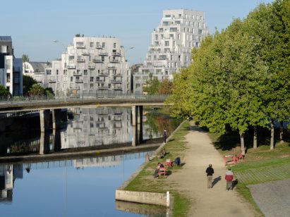 View of staggered MVRDV housing from park in Rennes