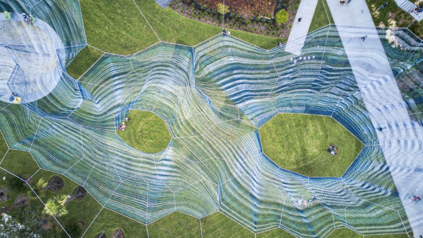 Bending Arc Sculpture by Janet Echelman