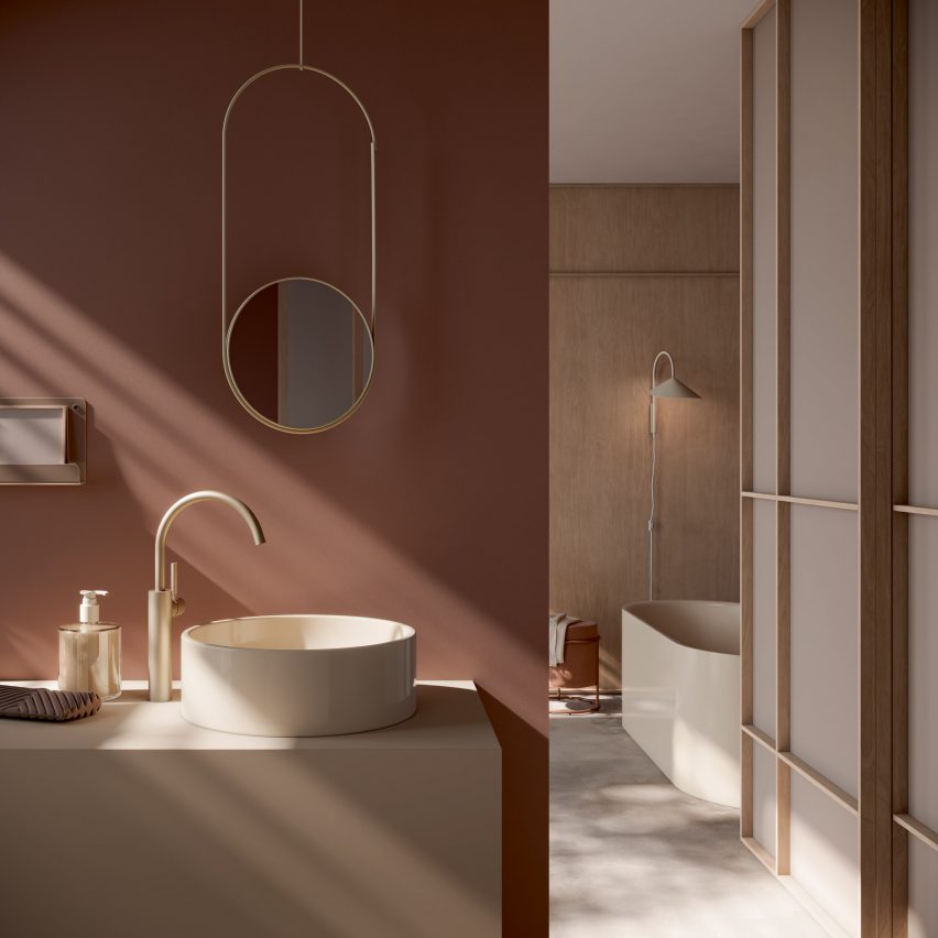 Glossy white basin by Bette in a warm-toned bathroom